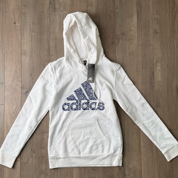 Adidas White Hoodie with Zebra Patterned Blue Logo NWT - Picture 3 of 8